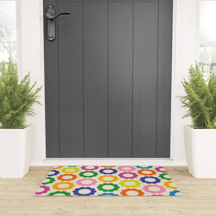 Flower Dots Cute Colorful Retro Contemporary Floral Pattern Welcome Mat Gallery Image 3