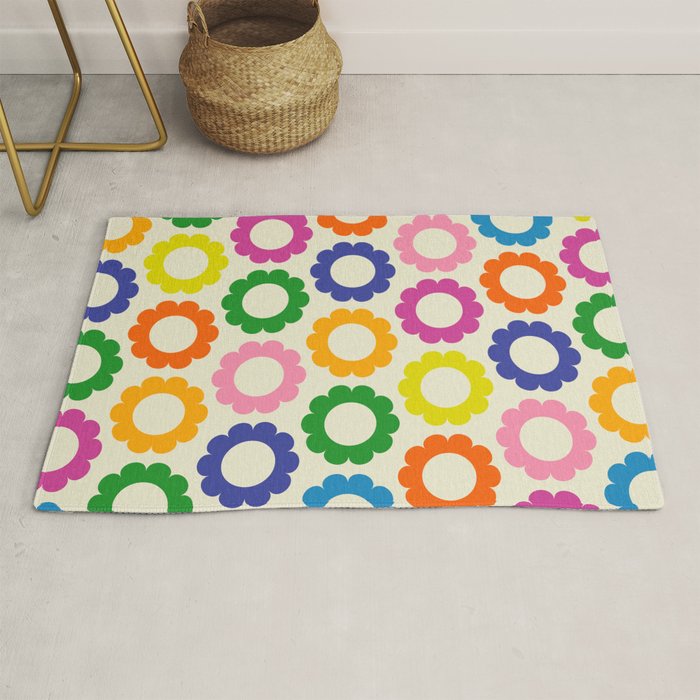 Flower Dots Cute Colorful Retro Contemporary Floral Pattern Rug Gallery Image 1