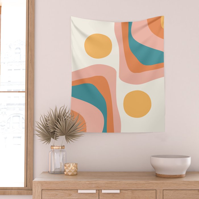 Abstract Wavy Rainbow and Sun Pattern in retro theme Wall Tapestry Gallery Image 2