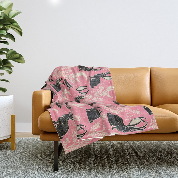 Jackalope - pink and black Throw Blanket Gallery Image 1