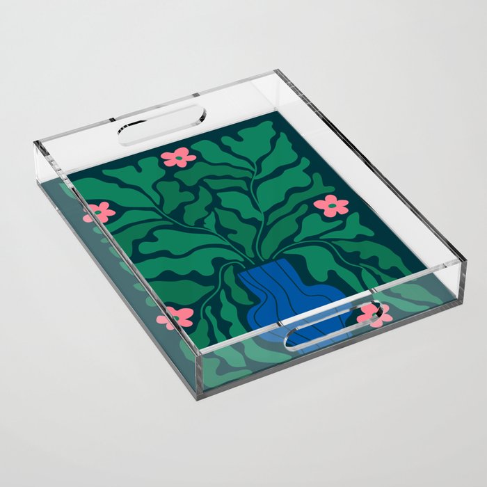 Summer Bloom: Pine Green Leaves & Pink Poppies Acrylic Tray Gallery Image 1