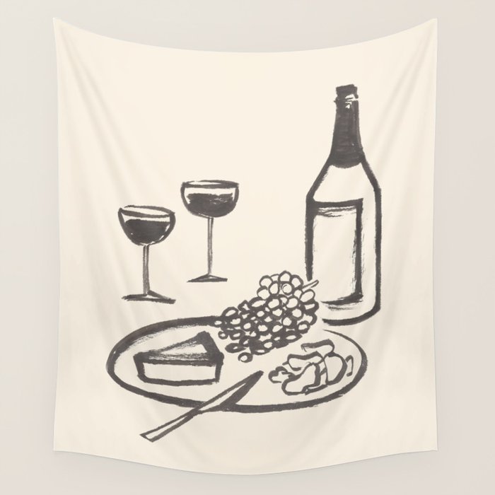 Wine and Cheese Aperitivo - Black and White Wall Tapestry Gallery Image 1