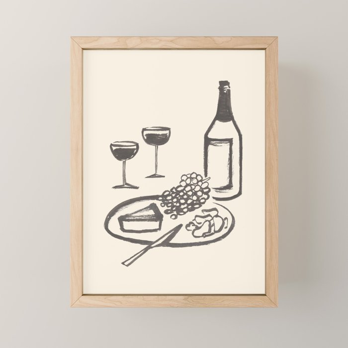Wine and Cheese Aperitivo - Black and White Mini Art Print Gallery Image 1