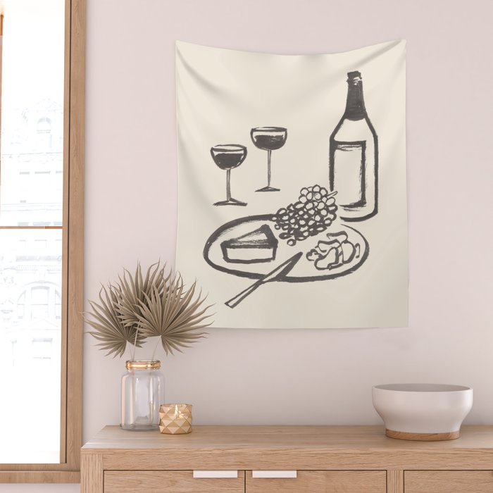 Wine and Cheese Aperitivo - Black and White Wall Tapestry Gallery Image 2
