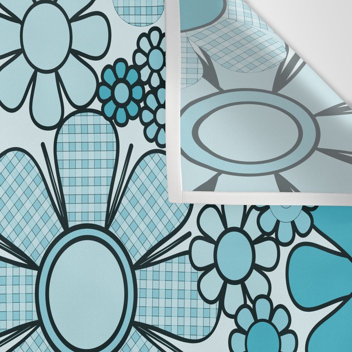 Retro 60s 70s Floral Pattern Turquoise Aqua Gingham Flowers Wall Tapestry Gallery Image 3