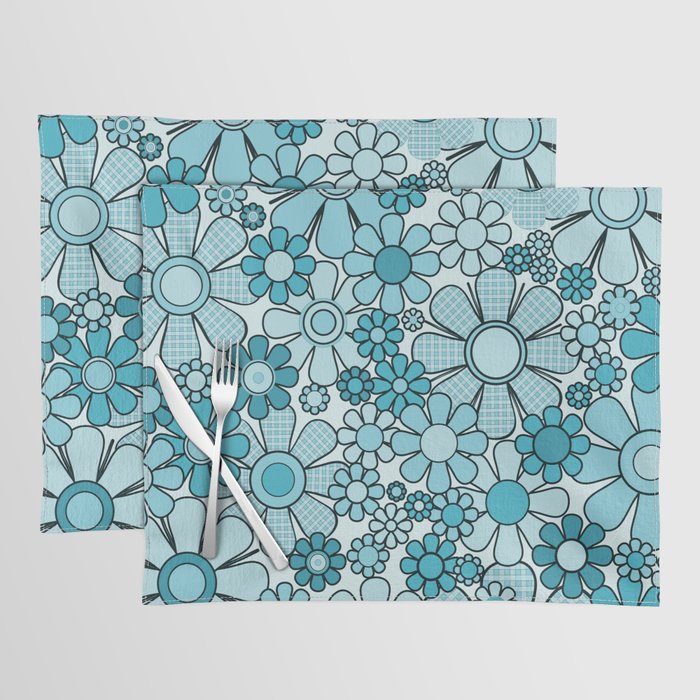 Retro 60s 70s Floral Pattern Turquoise Aqua Gingham Flowers Placemat Gallery Image 1
