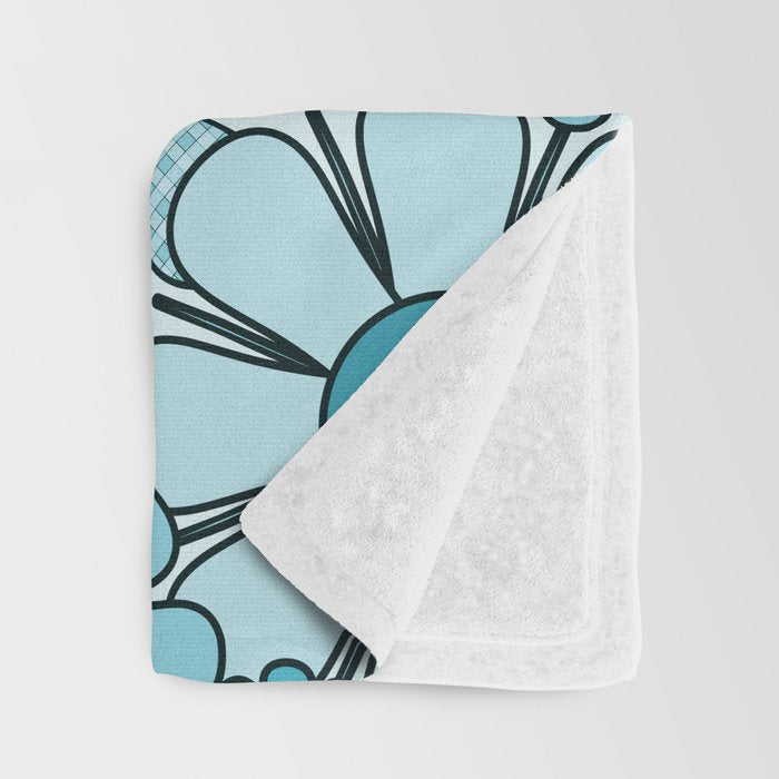 Retro 60s 70s Floral Pattern Turquoise Aqua Gingham Flowers Throw Blanket Gallery Image 3