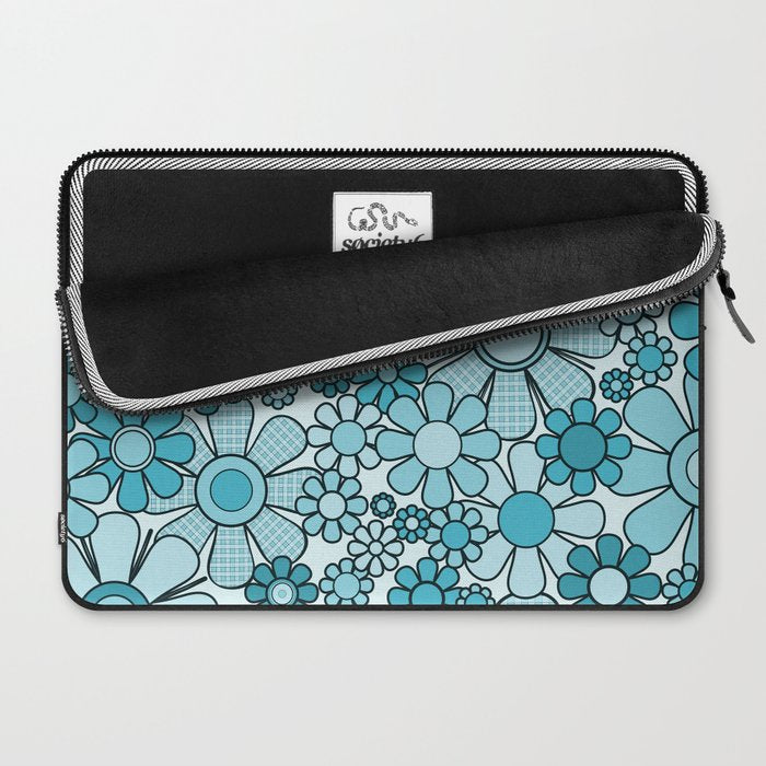 Retro 60s 70s Floral Pattern Turquoise Aqua Gingham Flowers Laptop Sleeve Gallery Image 2