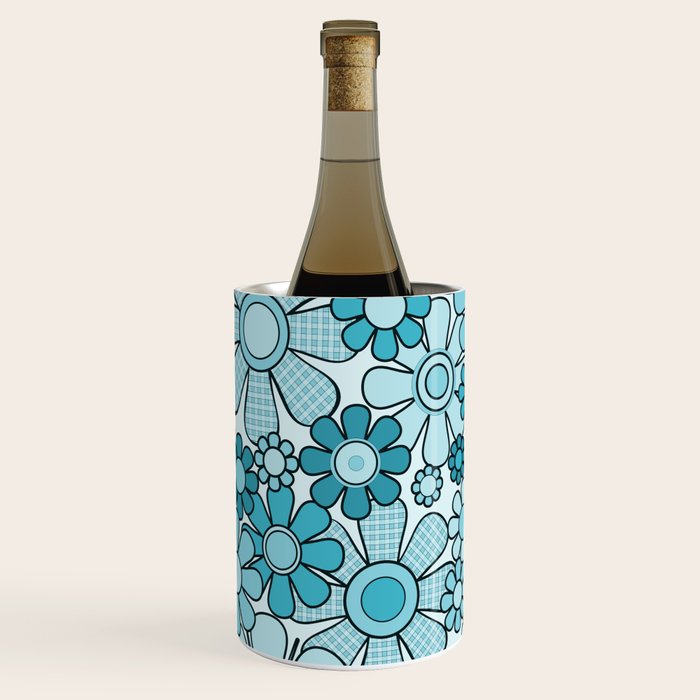 Retro 60s 70s Floral Pattern Turquoise Aqua Gingham Flowers Wine Chiller Gallery Image 2