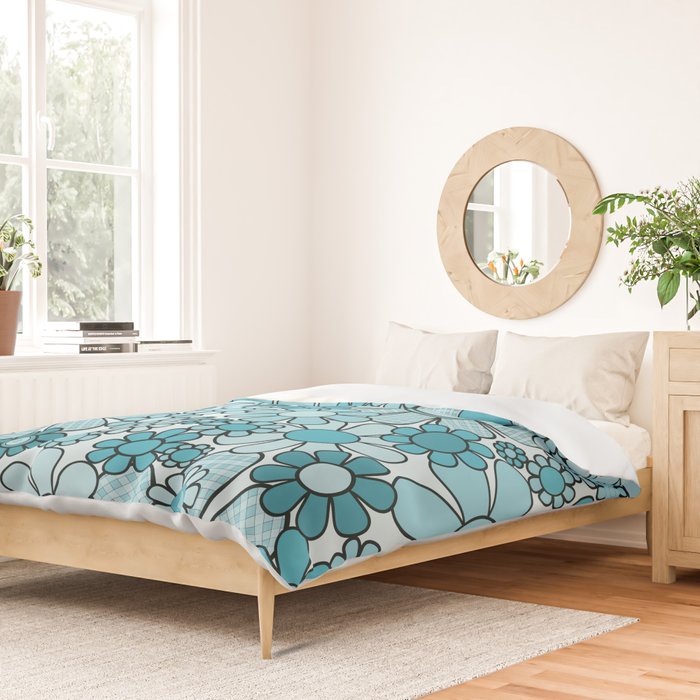 Retro 60s 70s Floral Pattern Turquoise Aqua Gingham Flowers Duvet Cover Gallery Image 2