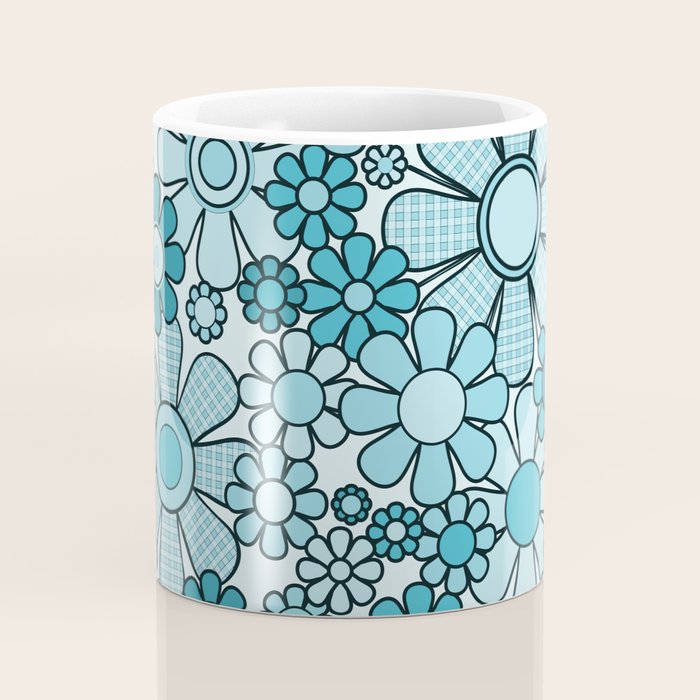 Retro 60s 70s Floral Pattern Turquoise Aqua Gingham Flowers Coffee Mug Gallery Image 4
