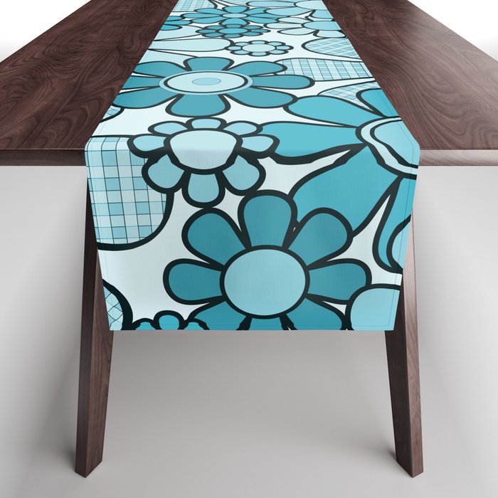 Retro 60s 70s Floral Pattern Turquoise Aqua Gingham Flowers Table Runner Gallery Image 1