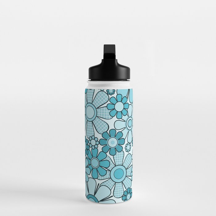 Retro 60s 70s Floral Pattern Turquoise Aqua Gingham Flowers Water Bottle Gallery Image 3