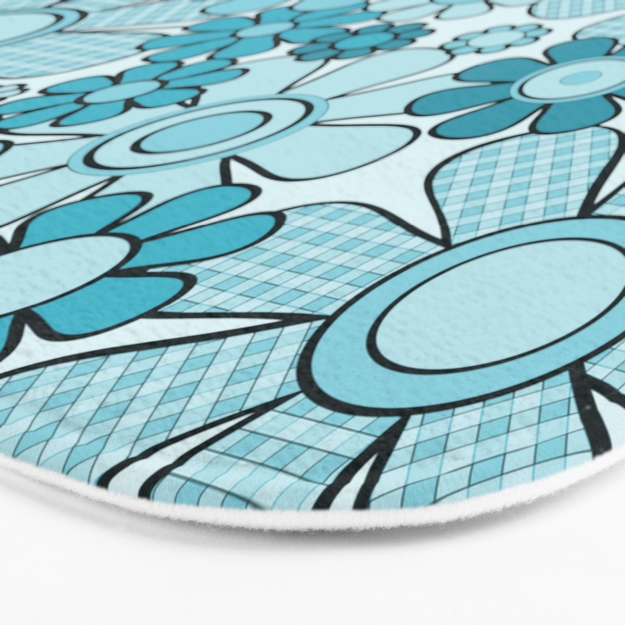 Retro 60s 70s Floral Pattern Turquoise Aqua Gingham Flowers Bath Mat Gallery Image 3