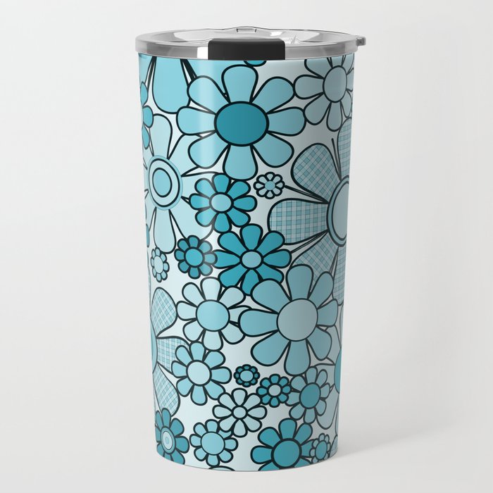 Retro 60s 70s Floral Pattern Turquoise Aqua Gingham Flowers Travel Mug Gallery Image 1