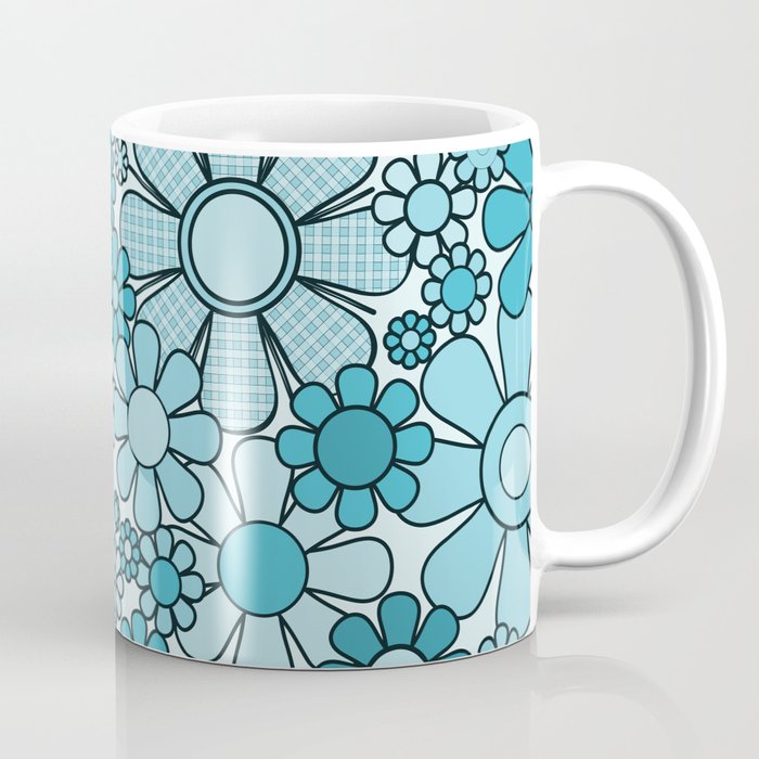 Retro 60s 70s Floral Pattern Turquoise Aqua Gingham Flowers Coffee Mug Gallery Image 1