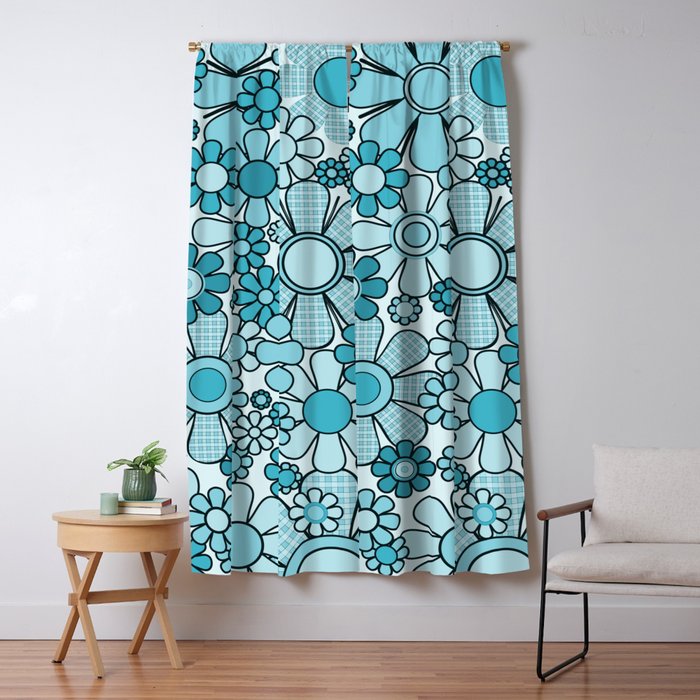 Retro 60s 70s Floral Pattern Turquoise Aqua Gingham Flowers Window Curtain Gallery Image 1