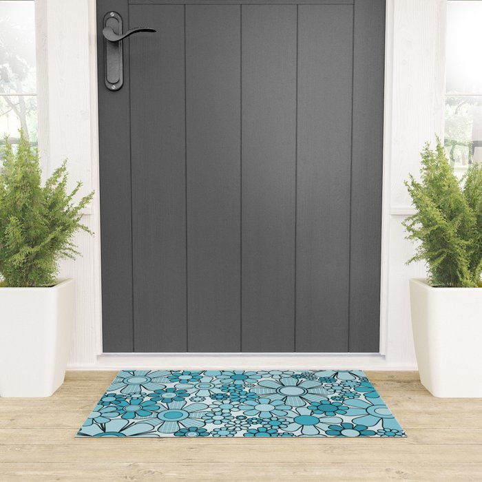Retro 60s 70s Floral Pattern Turquoise Aqua Gingham Flowers Welcome Mat Gallery Image 3
