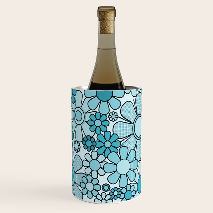 Retro 60s 70s Floral Pattern Turquoise Aqua Gingham Flowers Wine Chiller Gallery Image 1
