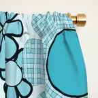 Retro 60s 70s Floral Pattern Turquoise Aqua Gingham Flowers Window Curtain Gallery Image 2