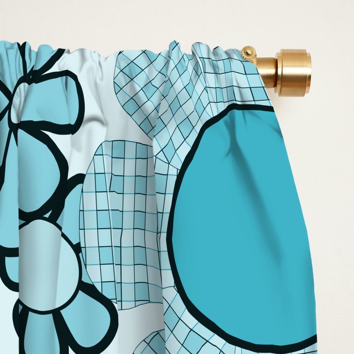 Retro 60s 70s Floral Pattern Turquoise Aqua Gingham Flowers Window Curtain Gallery Image 2