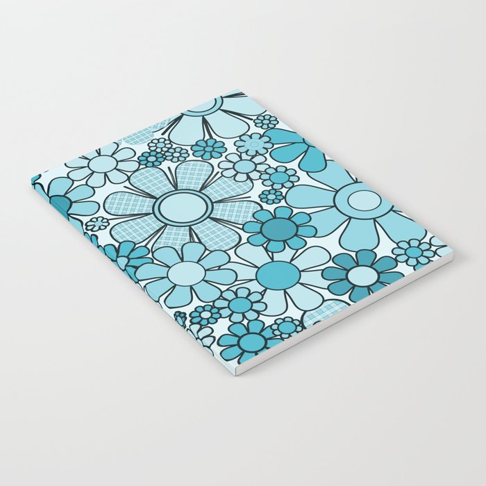 Retro 60s 70s Floral Pattern Turquoise Aqua Gingham Flowers Notebook Gallery Image 2
