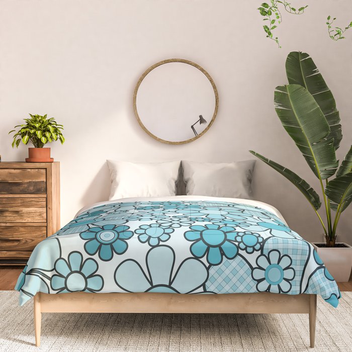 Retro 60s 70s Floral Pattern Turquoise Aqua Gingham Flowers Comforter Gallery Image 3
