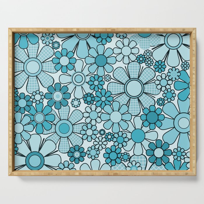 Retro 60s 70s Floral Pattern Turquoise Aqua Gingham Flowers Serving Tray Gallery Image 1