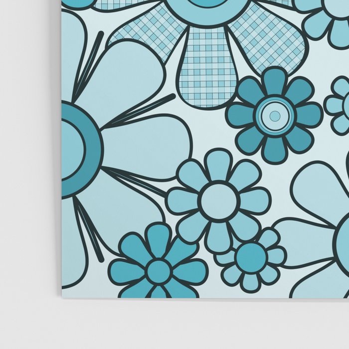 Retro 60s 70s Floral Pattern Turquoise Aqua Gingham Flowers Poster Gallery Image 3
