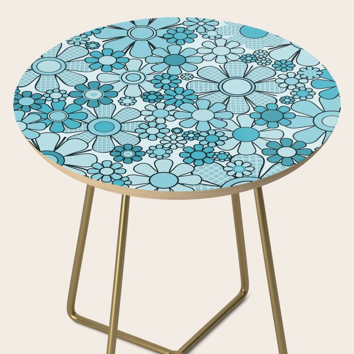 Retro 60s 70s Floral Pattern Turquoise Aqua Gingham Flowers Side Table Gallery Image 2