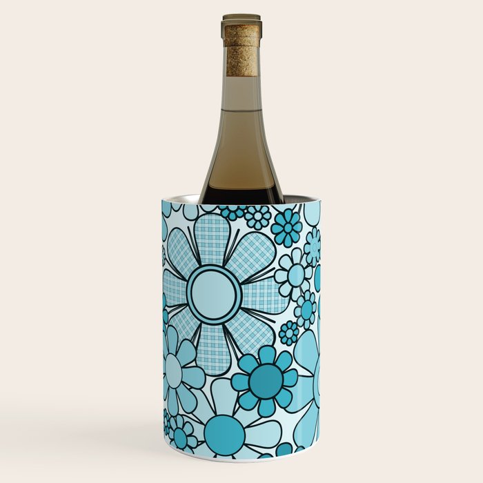 Retro 60s 70s Floral Pattern Turquoise Aqua Gingham Flowers Wine Chiller Gallery Image 3
