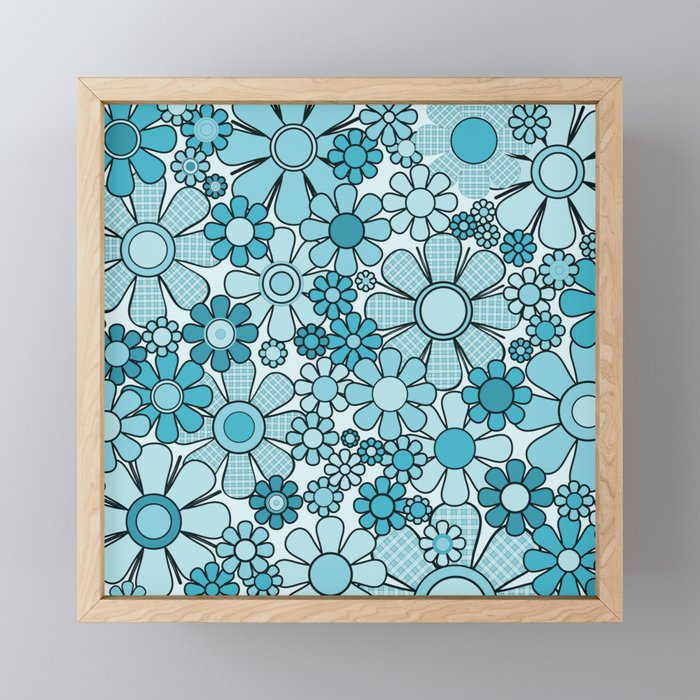 Retro 60s 70s Floral Pattern Turquoise Aqua Gingham Flowers Mini Art Print Gallery Image 1