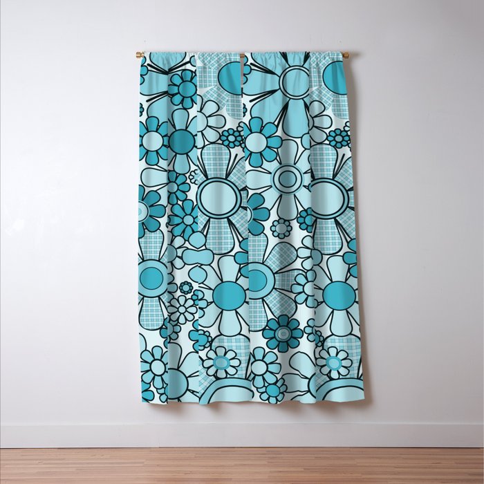 Retro 60s 70s Floral Pattern Turquoise Aqua Gingham Flowers Window Curtain Gallery Image 3