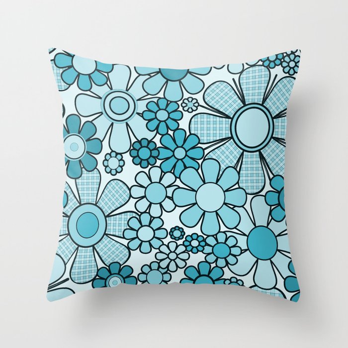 Retro 60s 70s Floral Pattern Turquoise Aqua Gingham Flowers Throw Pillow Gallery Image 6
