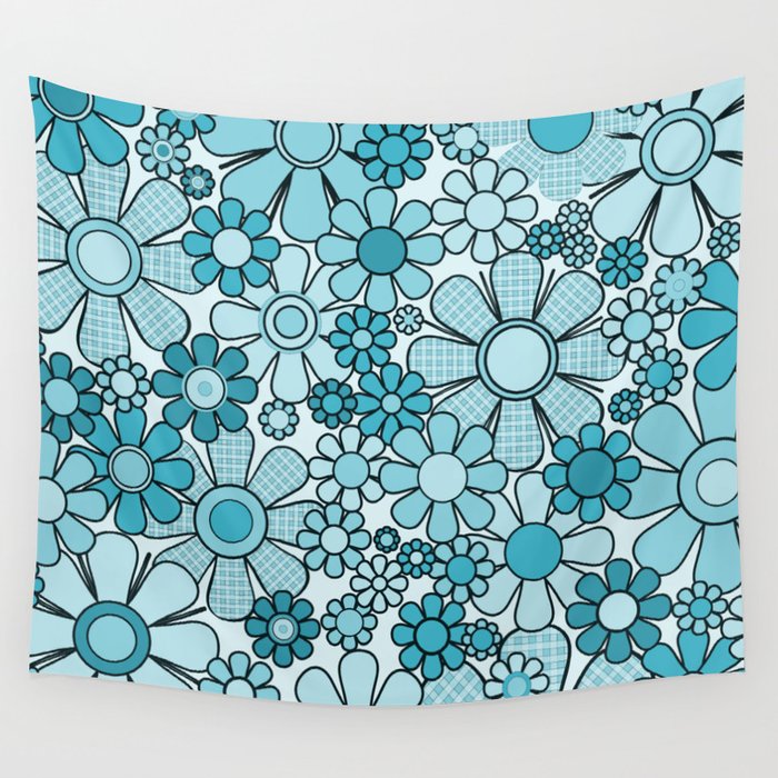 Retro 60s 70s Floral Pattern Turquoise Aqua Gingham Flowers Wall Tapestry Gallery Image 4