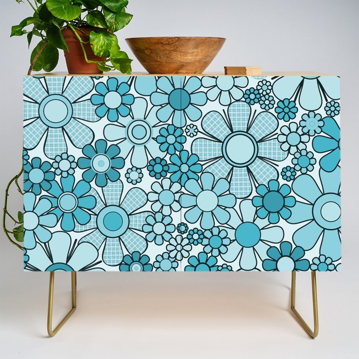 Retro 60s 70s Floral Pattern Turquoise Aqua Gingham Flowers Credenza Gallery Image 1