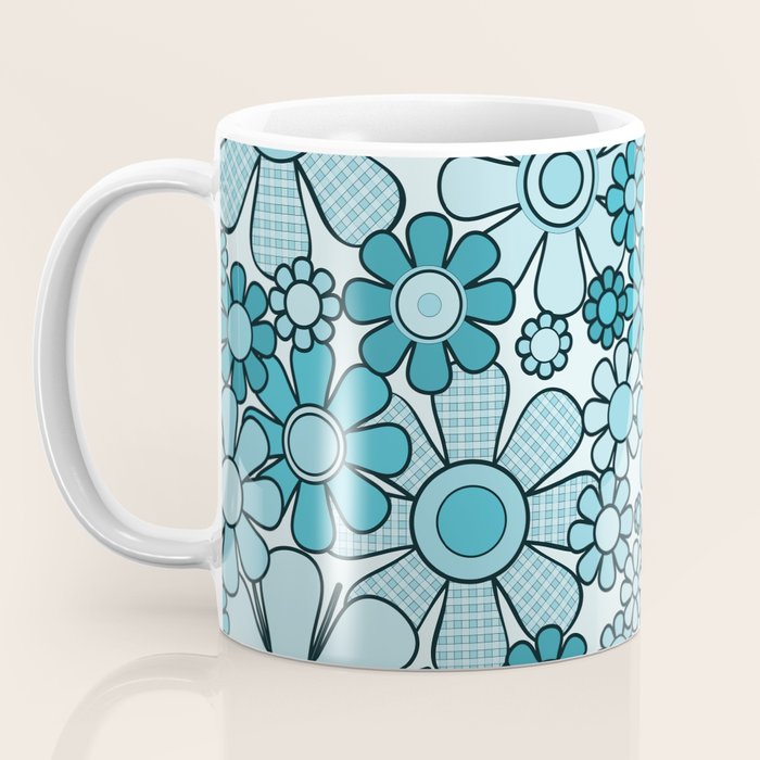 Retro 60s 70s Floral Pattern Turquoise Aqua Gingham Flowers Coffee Mug Gallery Image 3