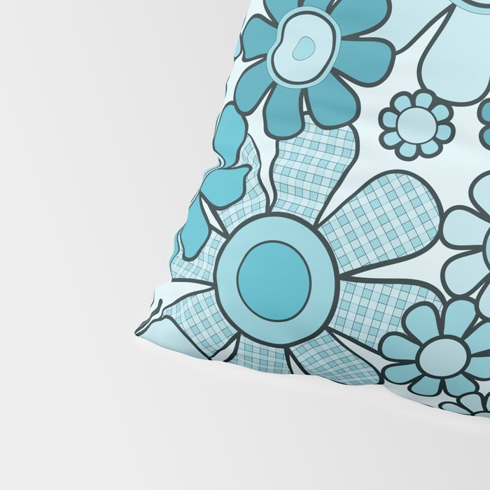 Retro 60s 70s Floral Pattern Turquoise Aqua Gingham Flowers Pillow Sham Gallery Image 4