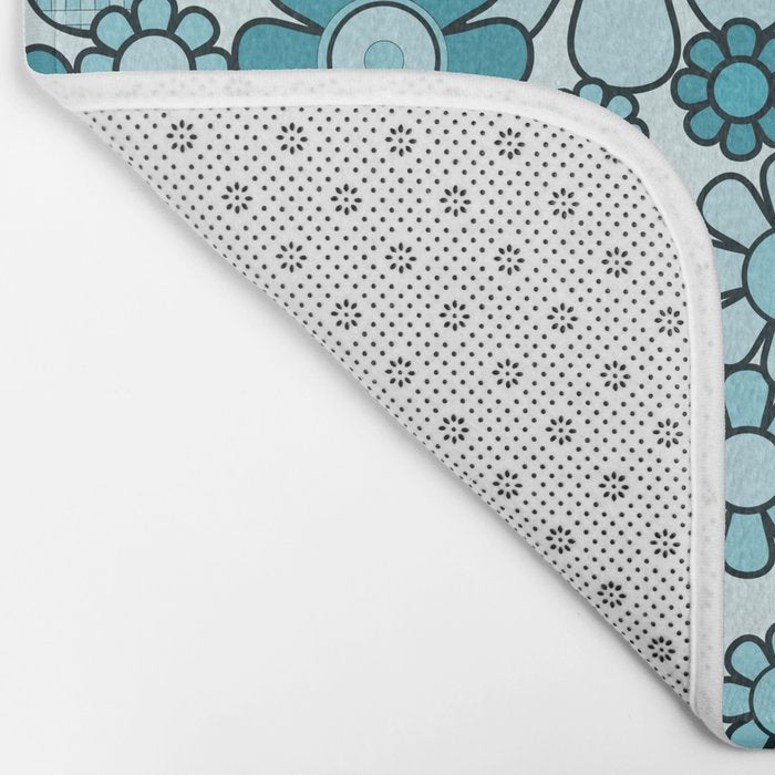 Retro 60s 70s Floral Pattern Turquoise Aqua Gingham Flowers Bath Mat Gallery Image 2