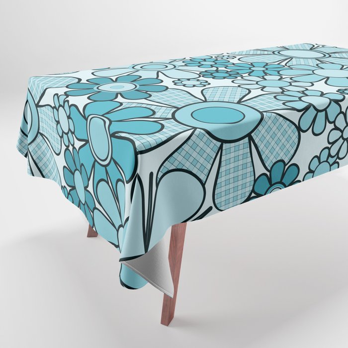 Retro 60s 70s Floral Pattern Turquoise Aqua Gingham Flowers Tablecloth Gallery Image 1