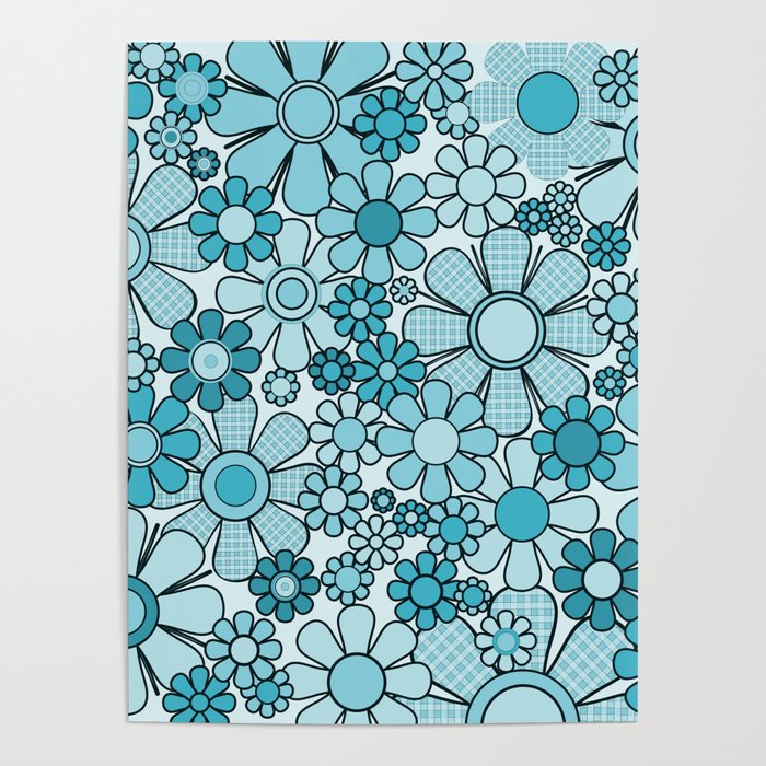 Retro 60s 70s Floral Pattern Turquoise Aqua Gingham Flowers Poster Gallery Image 4