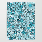 Retro 60s 70s Floral Pattern Turquoise Aqua Gingham Flowers Poster Gallery Image 4