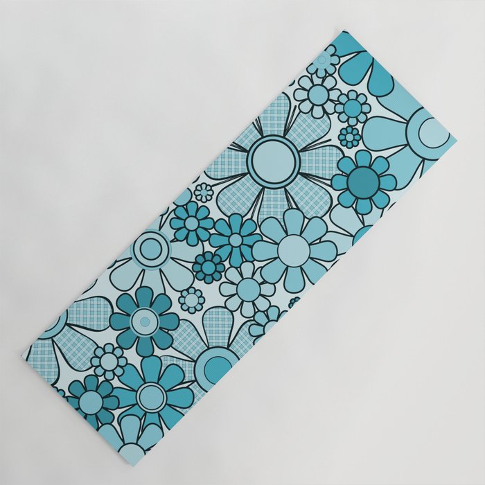 Retro 60s 70s Floral Pattern Turquoise Aqua Gingham Flowers Yoga Mat Gallery Image 1