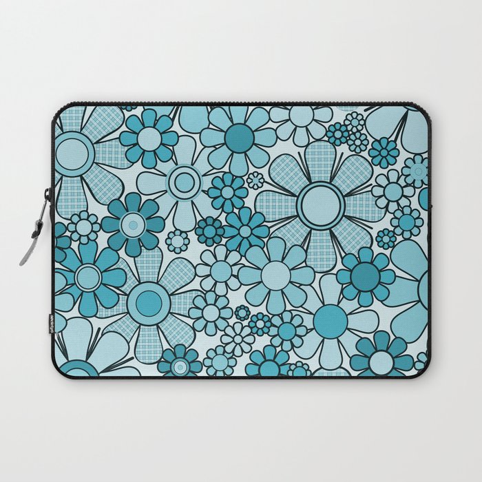 Retro 60s 70s Floral Pattern Turquoise Aqua Gingham Flowers Laptop Sleeve Gallery Image 1