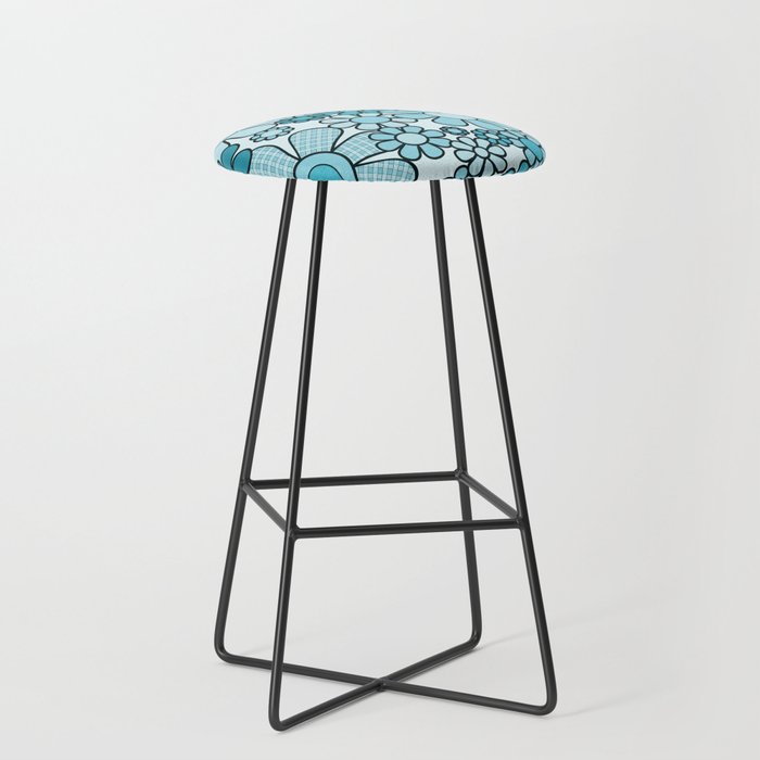 Retro 60s 70s Floral Pattern Turquoise Aqua Gingham Flowers Stool Gallery Image 1