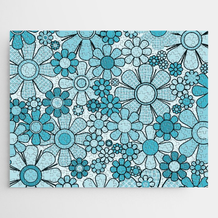 Retro 60s 70s Floral Pattern Turquoise Aqua Gingham Flowers Jigsaw Puzzle Gallery Image 1