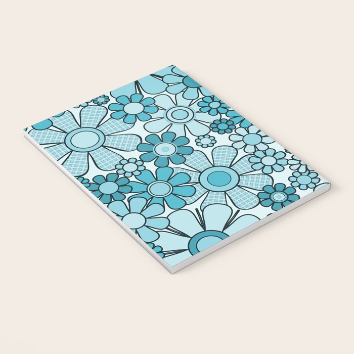 Retro 60s 70s Floral Pattern Turquoise Aqua Gingham Flowers Notebook Gallery Image 3