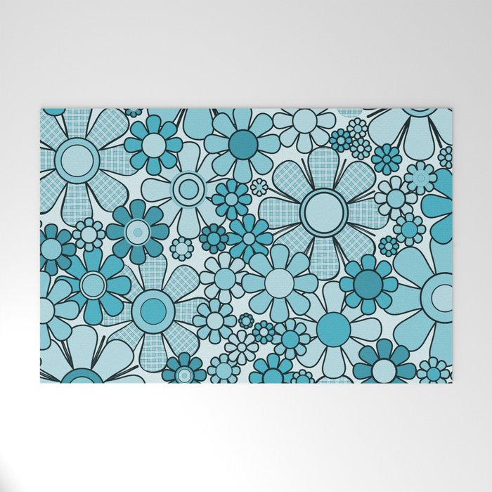 Retro 60s 70s Floral Pattern Turquoise Aqua Gingham Flowers Welcome Mat Gallery Image 1