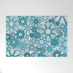 Retro 60s 70s Floral Pattern Turquoise Aqua Gingham Flowers Welcome Mat Gallery Image 1