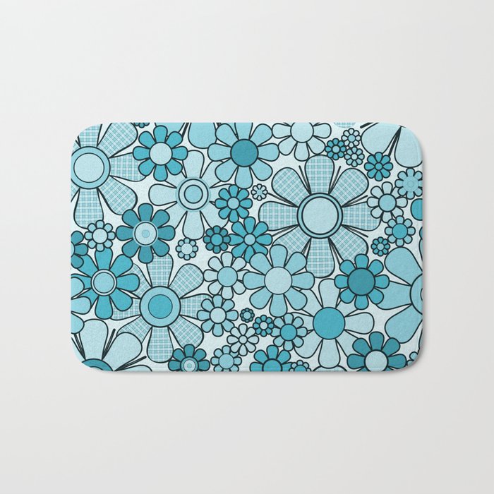 Retro 60s 70s Floral Pattern Turquoise Aqua Gingham Flowers Bath Mat Gallery Image 1